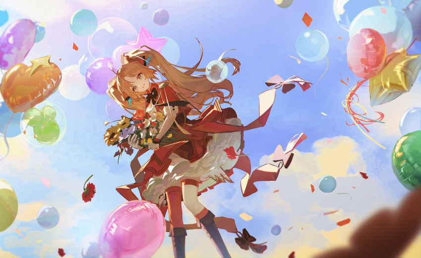 1girl absurdres ahoge arknights ash-c asymmetrical_legwear balloon black_bow black_bowtie black_footwear blue_eyes boots bouquet bow bowtie brown_hair feather_hair feet_up flower frilled_skirt frills gloves head_tilt heart_balloon highres holding holding_bouquet jacket knee_boots kneehighs long_hair looking_at_viewer mole mole_under_eye official_alternate_costume parted_lips pinecone_(arknights) pinecone_(sing_a_song)_(arknights) red_jacket red_skirt red_thighhighs shirt short_sleeves single_sock single_thighhigh skirt smile socks solo thighhighs twintails white_flower white_gloves white_shirt yellow_flower