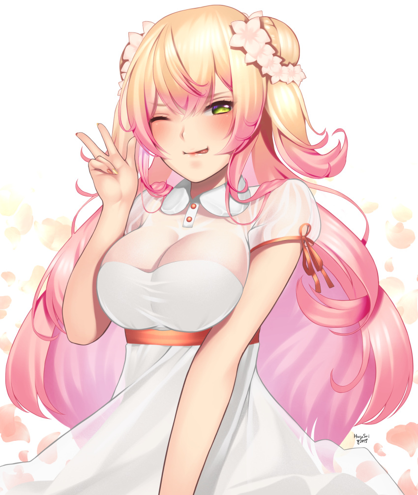1girl blonde_hair blush breast_squeeze breasts cleavage collared_dress cowboy_shot double_bun dress flower gradient_hair green_eyes hair_bun hair_flower hair_ornament half-closed_eye hand_up highres hololive huusri large_breasts long_hair looking_at_viewer momosuzu_nene multicolored_hair one_eye_closed pink_hair see-through see-through_sleeves short_sleeves simple_background smile solo tongue tongue_out underbust v virtual_youtuber w white_dress