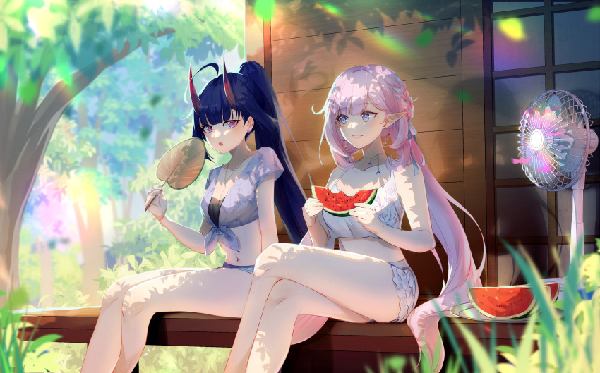 2girls absurdres ahoge bare_arms bare_shoulders blue_eyes blue_hair blue_shorts blurry blurry_background blurry_foreground braid breasts cleavage collarbone commentary crossed_legs day depth_of_field electric_fan elysia_(honkai_impact) english_commentary feet_out_of_frame food front-tie_top fruit high_ponytail highres holding holding_food honkai_(series) honkai_impact_3rd horns long_hair medium_breasts meuwzza_(me_zwa) multiple_girls official_art outdoors pink_hair ponytail purple_eyes raiden_mei raiden_mei_(herrscher_of_thunder) second-party_source shirt shorts tied_shirt tree veranda very_long_hair watermelon watermelon_slice white_shorts