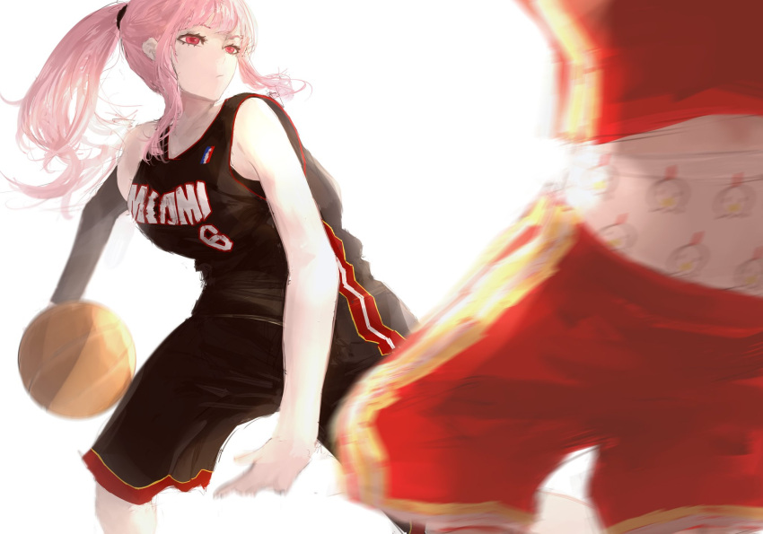 2girls azura_(azuart0) ball basketball basketball_jersey basketball_uniform black_shirt black_shorts boxers chicken_print cosplay dribbling_(basketball) elbow_sleeve english_commentary food highres holding holding_ball hololive hololive_english lebron_james lebron_james_(cosplay) looking_at_another male_underwear miami_heat mori_calliope multiple_girls national_basketball_association out_of_frame pink_hair playing_sports ponytail red_eyes red_shirt red_shorts shirt shorts sidelocks sleeveless sleeveless_shirt sportswear takanashi_kiara underwear virtual_youtuber