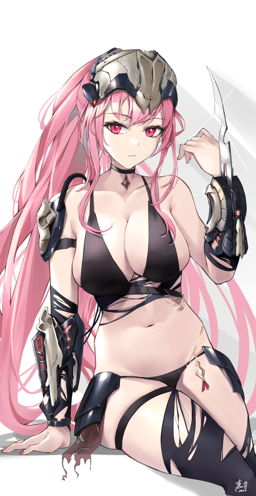 1girl absurdres arm_blade black_bra black_choker black_panties black_thighhighs blade bra breasts choker cleavage cosplay head-mounted_display highres hololive hololive_english keisuke_desu~ large_breasts long_hair looking_at_viewer mori_calliope navel panties pink_eyes pink_hair predator predator_(cosplay) predator_(movie) simple_background sitting thigh_strap thighhighs underwear vambraces very_long_hair virtual_youtuber weapon white_background