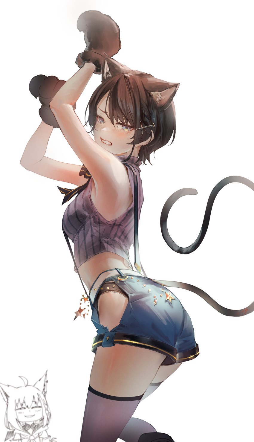 1girl absurdres animal_ears animal_hands anya's_heh_face_(meme) arms_up black_panties blue_eyes brown_hair cat_ears cat_paws cat_tail embarrassed from_behind hair_ornament hairclip highres hip_vent hololive hyde_(tabakko) lace-trimmed_panties lace_trim looking_at_viewer looking_back meme oozora_subaru panties panty_peek pinstripe_pattern pinstripe_shirt shirakami_fubuki shirt short_hair shorts simple_background solo_focus striped suspender_shorts suspenders tail thighhighs underwear virtual_youtuber white_background