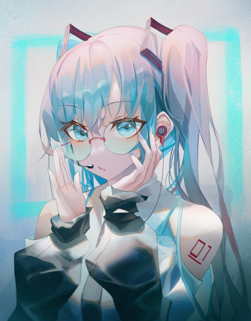 1girl absurdres bangs bare_shoulders black_necktie blue_eyes blue_hair blue_nails collared_shirt commentary earbuds earphones glasses hair_between_eyes hands_up hatsune_miku highres long_sleeves looking_at_viewer nail_polish necktie parted_lips puffy_long_sleeves puffy_sleeves shirt sleeves_past_wrists solo turbulence twintails upper_body vocaloid white_shirt