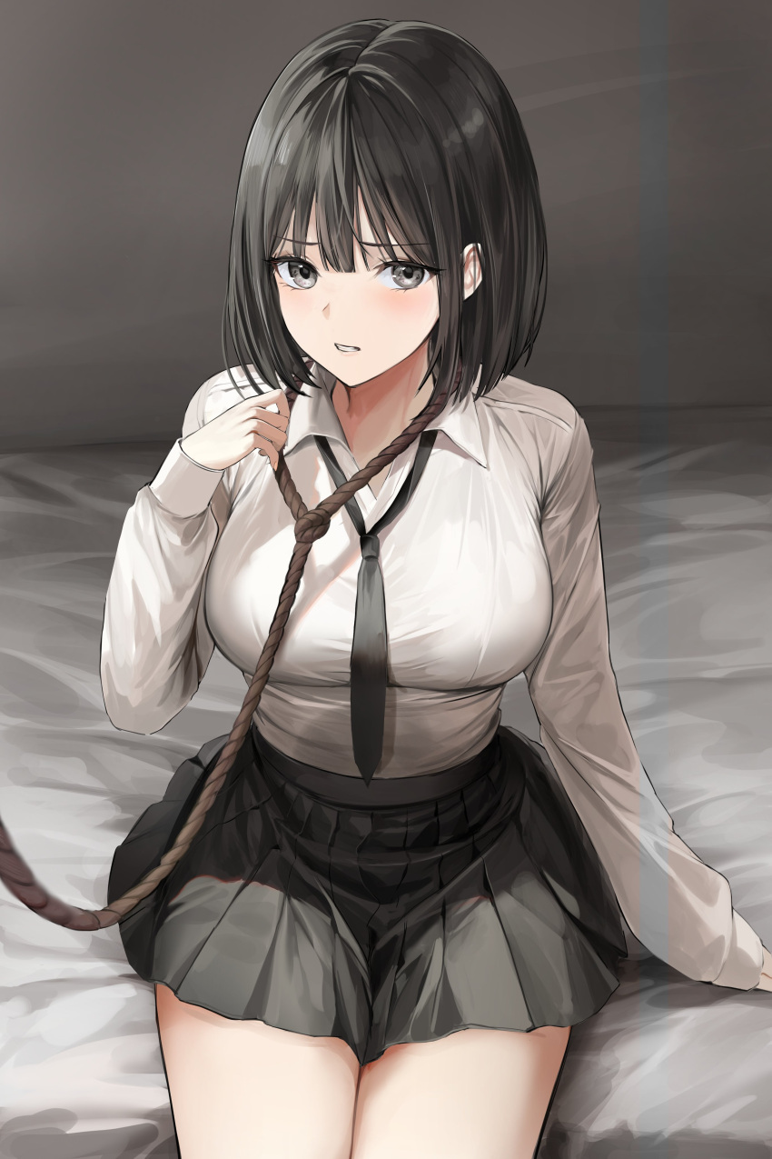 1girl absurdres black_eyes black_hair black_necktie black_skirt breasts collared_shirt cowboy_shot hand_up highres large_breasts leash lillly long_sleeves looking_at_viewer necktie original parted_lips rope school_uniform shirt shirt_tucked_in short_hair sitting skirt sleeves_past_wrists smile solo thighs viewer_holding_leash wing_collar