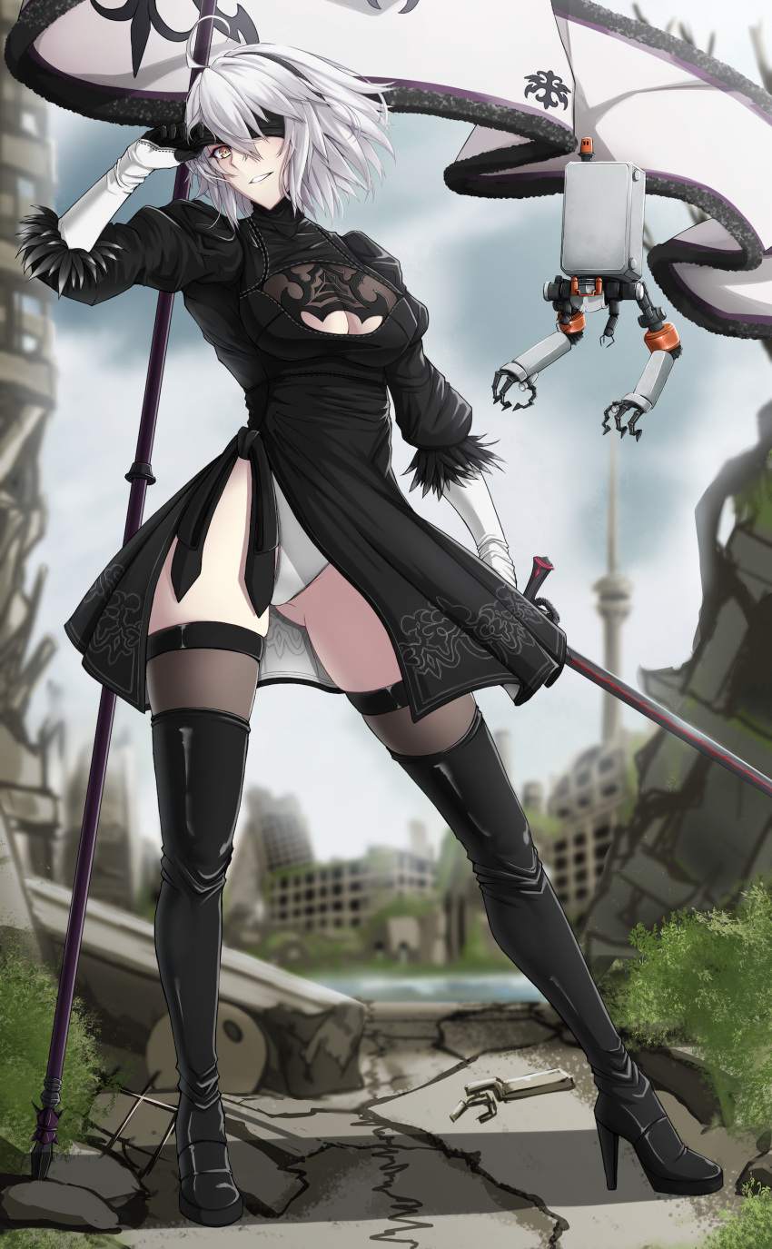 1girl absurdres arm_up ass_visible_through_thighs black_dress blindfold blindfold_lift boots breasts cleavage cleavage_cutout clothing_cutout cosplay dress fate/grand_order fate_(series) flag full_body high_heel_boots high_heels highres holding holding_sword holding_weapon isane jeanne_d'arc_alter_(fate) large_breasts lifted_by_self looking_at_viewer nier_(series) nier_automata parted_lips planted pod_(nier_automata) puffy_sleeves ruins sword thigh_boots thighhighs thighs weapon white_hair yellow_eyes yorha_no._2_type_b yorha_no._2_type_b_(cosplay)