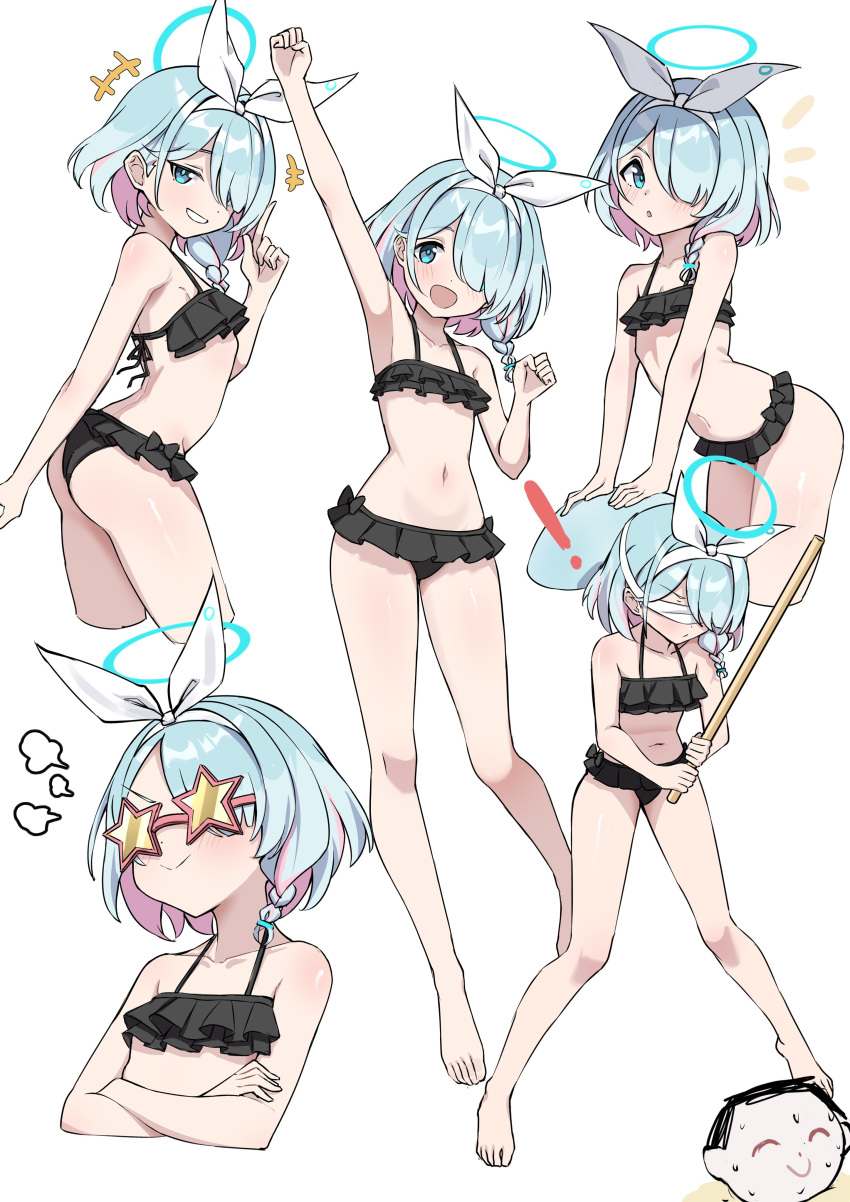 ! 1boy 1girl absurdres arm_up armpits arona_(blue_archive) barefoot bikini black_bikini blindfold blue_archive blue_eyes blue_hair braid crossed_arms flat_chest frilled_bikini frills full_body hair_over_one_eye hairband halo highres looking_at_viewer multicolored_hair multiple_views open_mouth pink_hair sensei_(blue_archive) short_hair simple_background single_braid smile standing star-shaped_eyewear sunglasses swimsuit tamago_(eva1314056) toes two-tone_hair white_background white_hairband