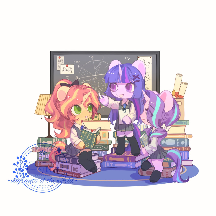 3girls alternate_hairstyle animal aqua_hair bangs blonde_hair book book_stack bow chalk chalkboard clipboard curly_hair equation green_eyes hair_bow highres holding holding_clipboard hooves horns horse lamp long_hair math multicolored_hair multiple_girls my_little_pony my_little_pony:_friendship_is_magic necktie no_humans orange_hair pleated_skirt pony ponytail purple_eyes purple_hair school_uniform shirt single_horn sitting skirt socks standing starlight_glimmer streaked_hair sunset_nivaris tail teaching techer thighhighs twilight_sparkle unicorn xieyanbbb