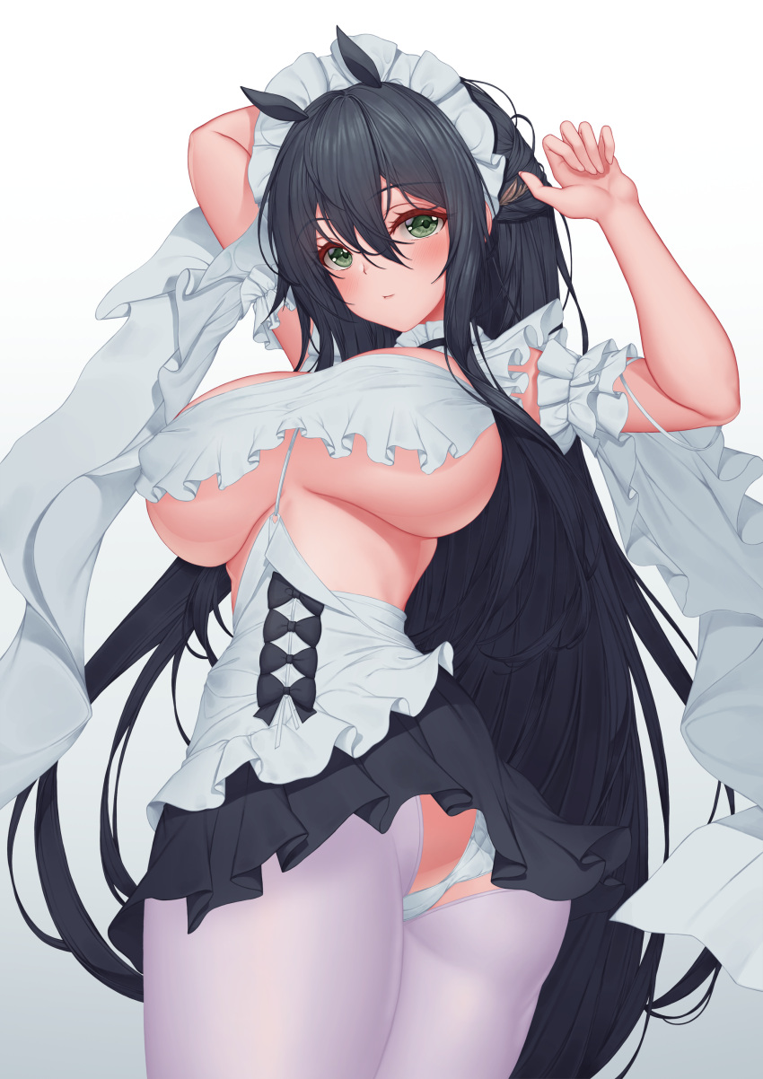 1girl absurdres arms_up ass ass_cutout azur_lane black_hair breasts choker clothing_cutout crotchless crotchless_pantyhose frilled_choker frills green_eyes hair_between_eyes highres indomitable_(azur_lane) indomitable_(ms._motivationless_maid)_(azur_lane) large_breasts long_hair maid official_alternate_costume panties pantyhose pinkcap simple_background solo underwear very_long_hair white_background white_panties white_pantyhose