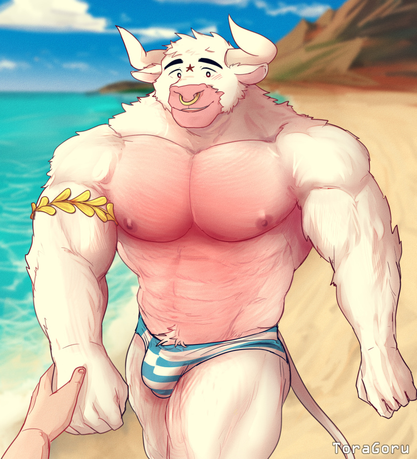 anthro armband asterion_(minotaur_hotel) beach bovid bovine clothing duo european_mythology facial_piercing first_person_view fur greek_flag greek_mythology hand_holding hi_res human male male/male mammal minotaur muscular muscular_male mythology nose_piercing nose_ring pecs piercing ring_piercing seaside smile smiling_at_viewer solo speedo swimwear toragoru white_body white_fur