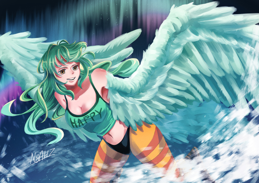 1girl absurdres artist_name aurora bangs bare_shoulders breasts cleavage clothes_writing feathered_wings feathers green_hair harpy highres large_breasts long_hair midriff monet_(one_piece) monster_girl navel noahzark12 one_piece pantyhose snow solo striped striped_pantyhose tank_top wavy_hair white_feathers white_wings winged_arms wings yellow_eyes