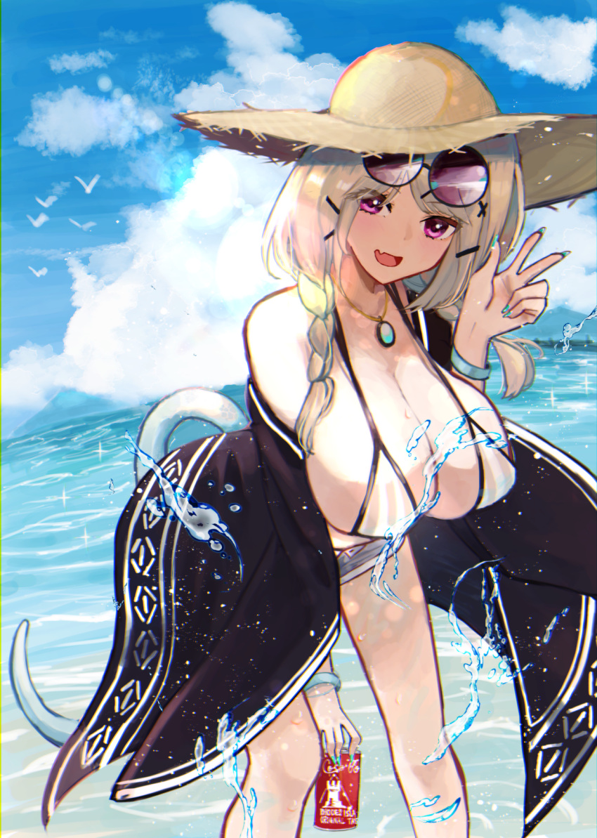 1girl :d arknights bangs bare_shoulders bikini bikini_top_only black-framed_eyewear blonde_hair blue_nails blue_sky bracelet braid breasts brown_bikini can cleavage day eyewear_on_head fang feet_out_of_frame fingernails grey_shorts hair_ornament hairclip hat highres holding holding_can jewelry large_breasts leaning_forward long_fingernails long_hair long_sleeves looking_at_viewer nail_polish necklace ocean off_shoulder official_alternate_costume open_mouth outdoors purple-tinted_eyewear purple_eyes round_eyewear short_shorts shorts skin_fang sky smile soda_can solo standing straw_hat striped striped_bikini sunglasses swept_bangs swimsuit tail tinted_eyewear twin_braids utage_(arknights) utage_(summer_flowers)_(arknights) v vertical-striped_bikini vertical_stripes water white_bikini wide_sleeves yellow_headwear yuki_(nanao_yuki)