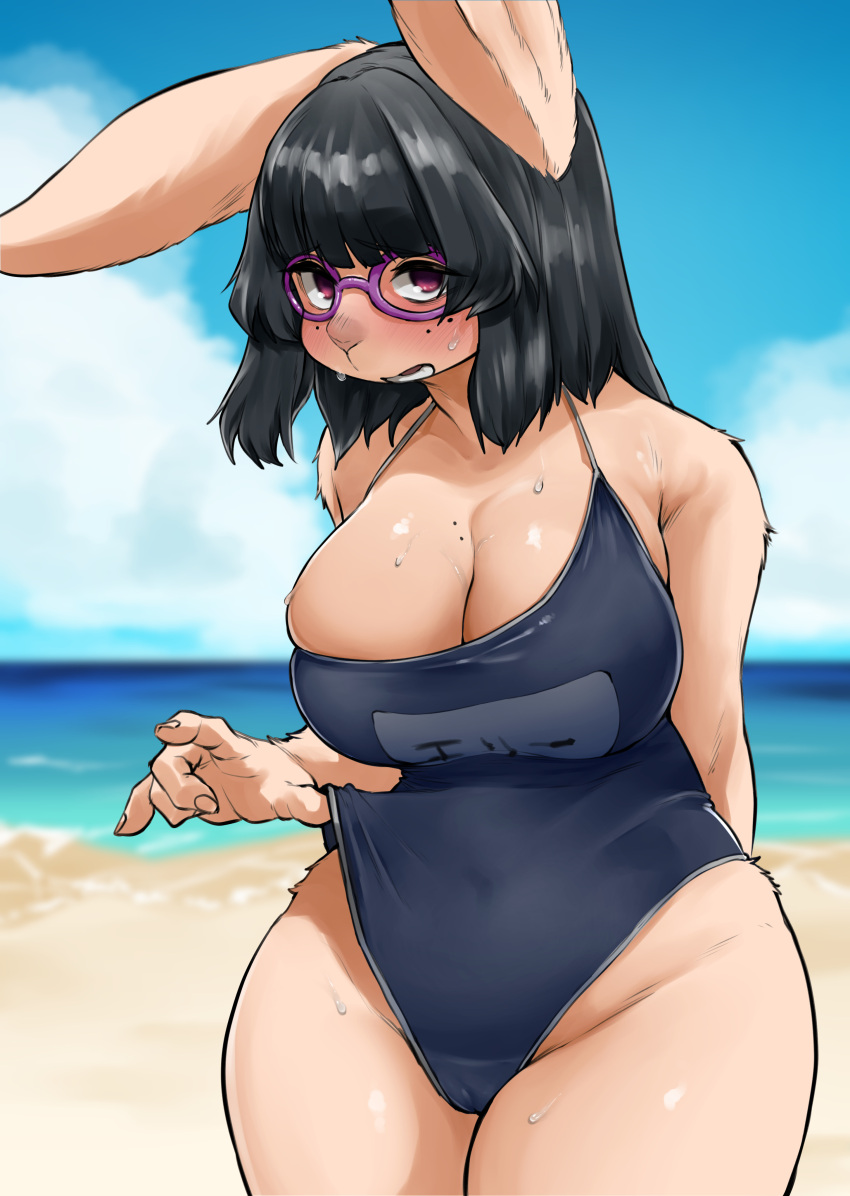 2022 absurd_res anthro beach beauty_mark big_breasts big_ears biped black_hair blush bodily_fluids breasts brown_body brown_fur camel_toe cleavage clothed clothing eyewear female front_view fur glasses hair hand_behind_back hi_res kemono lagomorph long_hair looking_at_viewer mammal markings mole_(marking) outside portrait purple_eyes school_swimsuit seaside sleepiness18 solo standing sweat swimwear thick_thighs three-quarter_portrait