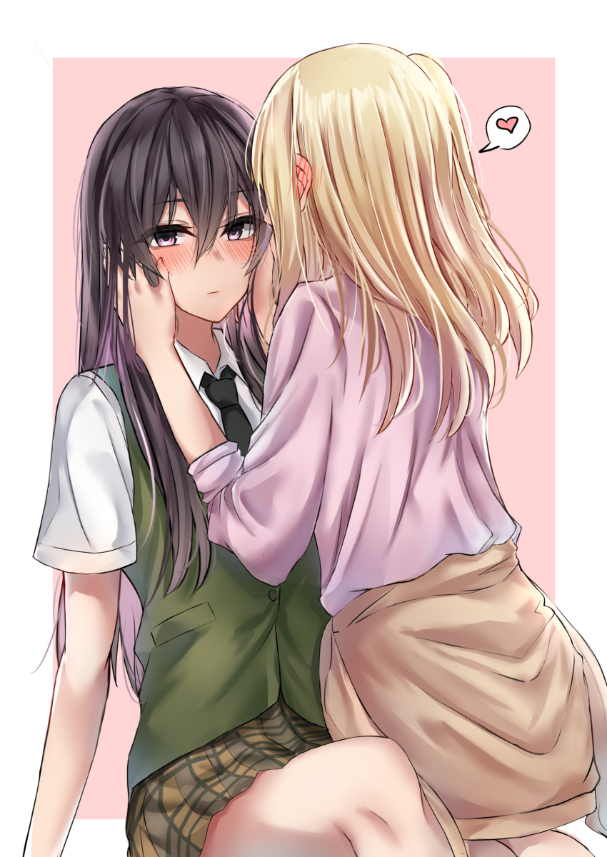 2girls aihara_academy_school_uniform aihara_mei aihara_yuzu black_hair blonde_hair blush brown_skirt citrus_(saburouta) clothes_around_waist dress_shirt ear_blush face-to-face green_eyes green_vest gyaru highres long_hair multiple_girls necktie pink_shirt playing_with_another's_hair poisonousgas purple_eyes school_uniform shirt skirt step-siblings sweater sweater_around_waist sweater_vest vest wife_and_wife yuri