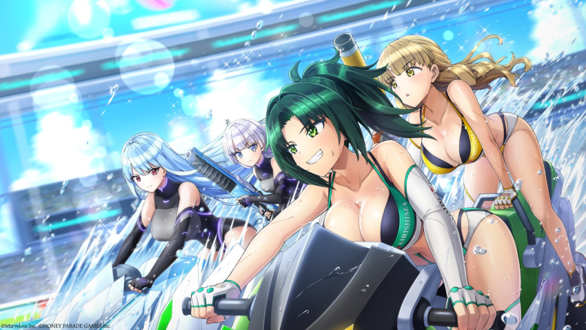 4girls ayato_utae bangs bare_shoulders black_gloves blonde_hair blue_eyes blue_hair blunt_bangs breasts cleavage copyright dolphin_wave elbow_gloves fingerless_gloves gloves green_hair hair_intakes harunami_anri highres holding holding_water_gun jet_ski large_breasts long_hair looking_to_the_side multiple_girls nayuki_hiori official_art ponytail purple_hair red_eyes schnee_weissberg single_elbow_glove water_drop water_gun white_gloves yellow_eyes