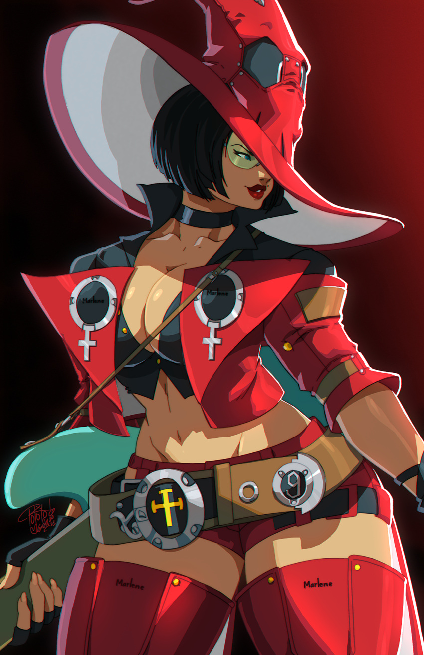 1girl belt black_hair breasts choker cleavage commission electric_guitar fingerless_gloves gloves gradient gradient_background guilty_gear guilty_gear_strive guitar hat highres holding holding_instrument i-no instrument jacket lipstick makeup mole mole_above_mouth navel red_headwear red_jacket red_shorts red_thighhighs short_hair short_shorts short_sleeves shorts solo sunglasses thighhighs tinted_eyewear tovio_rogers witch_hat
