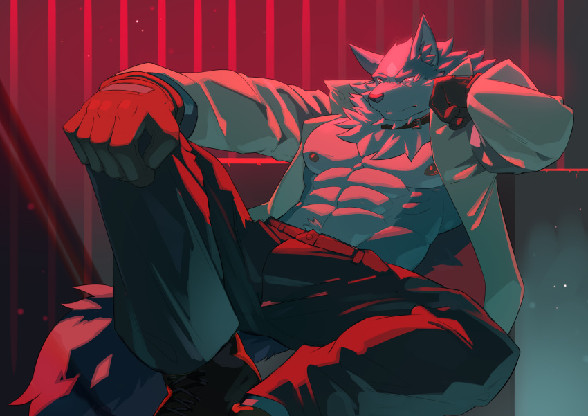 1boy abs absurdres animal_ears arasukanya_(littleblackalas) bara bare_pectorals black_gloves black_pants brand_new_animal collared_shirt elbow_rest expressionless feet_out_of_frame gloves highres large_pectorals male_focus muscular muscular_male nipples ogami_shirou open_clothes open_shirt pants pectorals shirt shoes short_hair sideburns sitting solo spread_legs stomach tail wolf_boy wolf_ears wolf_tail