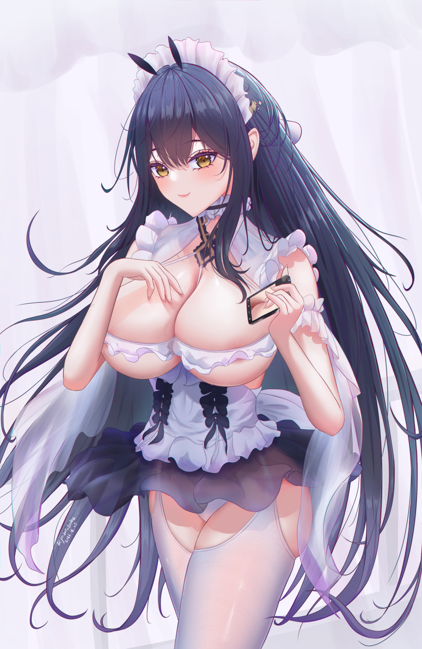 1girl absurdres areola_slip artist_name ass_cutout azur_lane black_hair black_skirt breasts cellphone choker clothing_cutout crotch_cutout crotchless crotchless_pantyhose dated eeyoosekedooaat frilled_choker frills highres holding holding_phone indomitable_(azur_lane) indomitable_(ms._motivationless_maid)_(azur_lane) large_breasts long_hair maid maid_headdress microskirt official_alternate_costume pantyhose phone see-through see-through_skirt simple_background skindentation skirt smartphone solo standing very_long_hair white_pantyhose yellow_eyes