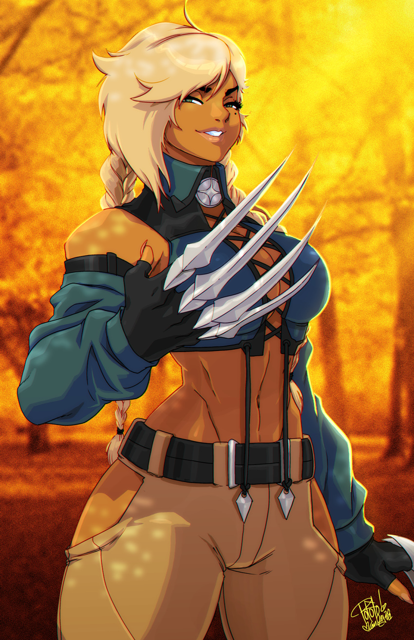 1girl abs artist_name belt black_gloves blonde_hair blurry blurry_background braid breasts claws cleavage commission fingerless_gloves gloves green_eyes highres large_breasts long_hair looking_at_viewer mole mole_under_eye navel original outdoors parted_lips solo standing tan toned tovio_rogers