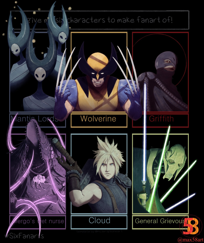4boys 4others android armor berserk black_border blonde_hair bloodborne blue_eyes blue_gloves border brown_gloves character_name clenched_teeth closed_mouth cloud_strife count_dooku dagger energy_sword english_text facial_hair femto_(berserk) final_fantasy final_fantasy_vii gloves griffith_(berserk) hand_up helmet highres holding holding_dagger holding_lightsaber holding_weapon hollow_eyes hollow_knight hood hood_up horns knife lightsaber lipstick looking_at_viewer makeup male_focus mantis_lord_(hollow_knight) marvel mask max58art mergo's_wet_nurse multiple_boys multiple_others no_humans pauldrons purple_theme red_eyes shoulder_armor single_pauldron six_fanarts_challenge solo spiked_hair spiked_horns star_wars stubble sword teeth upper_body weapon wings wolverine x-men