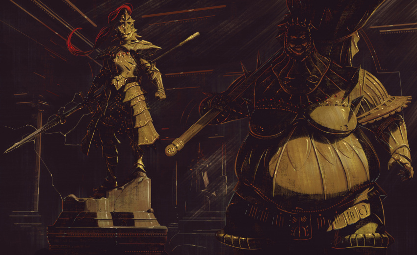 2boys armor dark_souls_(series) dark_souls_i dragon_slayer_ornstein executioner_smough full_armor giant giant_male hammer highres holding holding_polearm holding_weapon looking_at_viewer max58art multiple_boys ornate_armor plume polearm spear standing stitched weapon