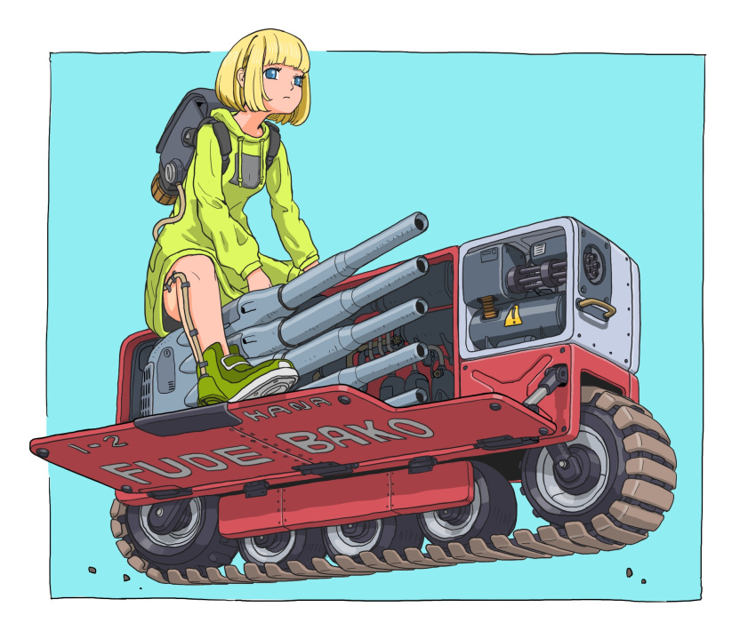 1girl backpack bag blonde_hair blue_eyes cannon caterpillar_tracks gatling_gun gatling_santouhei ground_vehicle gun highres hood hoodie long_hoodie military military_vehicle motor_vehicle original riding science_fiction short_hair simple_background solo tank translated vehicle_focus weapon