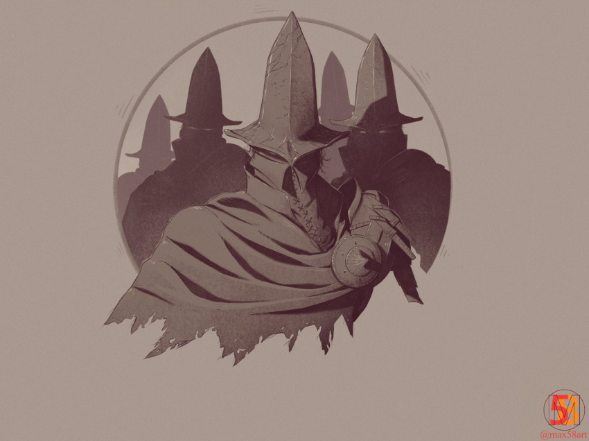 5others abyss_watcher brown_theme cloak dark_souls_(series) dark_souls_iii helmet high_collar looking_at_viewer max58art monochrome multiple_others