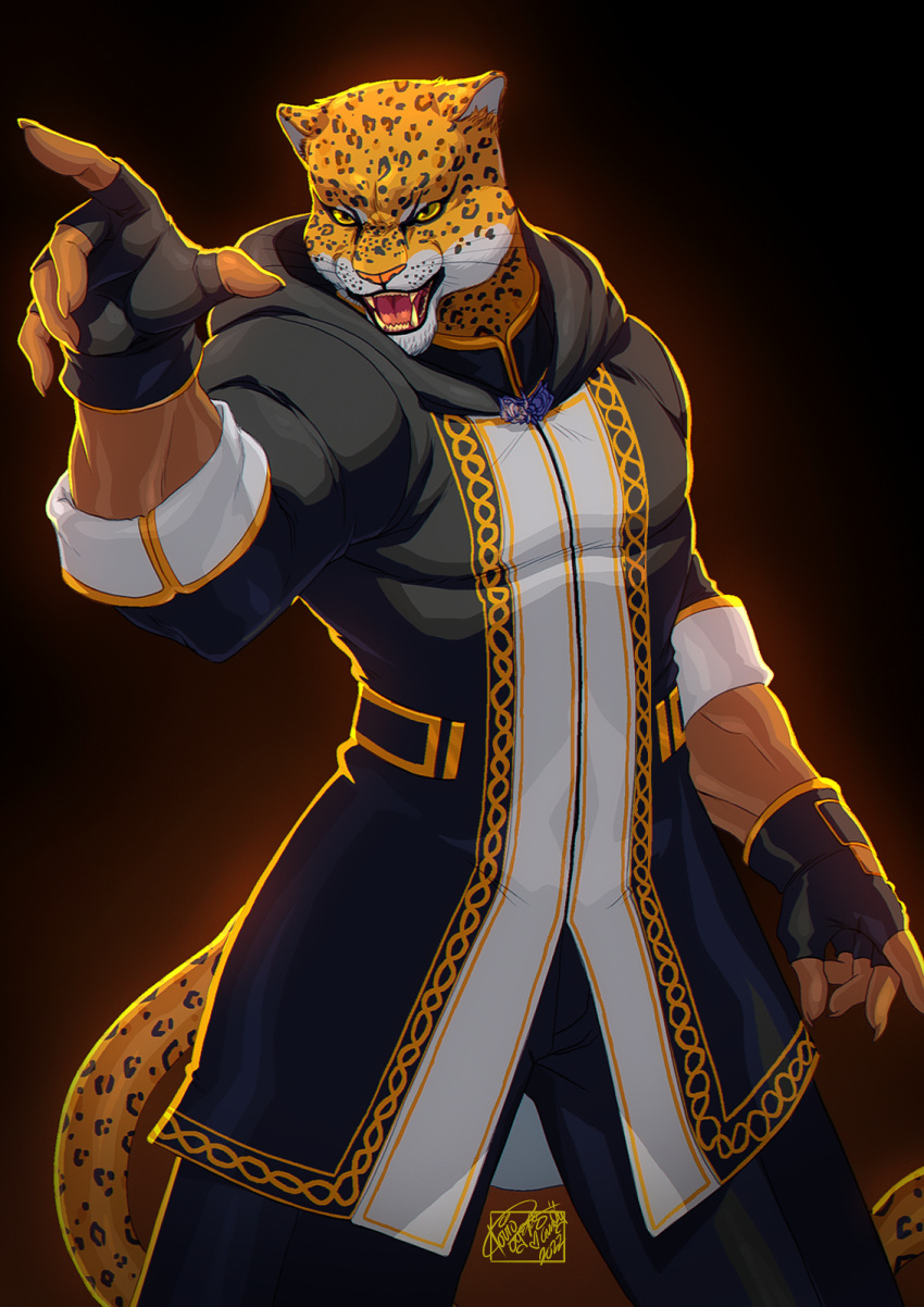 1boy animal_ears animal_head artist_name black_gloves fingerless_gloves furry gloves gradient gradient_background highres hood hood_down jaguar jaguar_boy jaguar_ears jaguar_tail king_(tekken) male_focus open_mouth pointing simple_background solo tail tekken tovio_rogers yellow_eyes