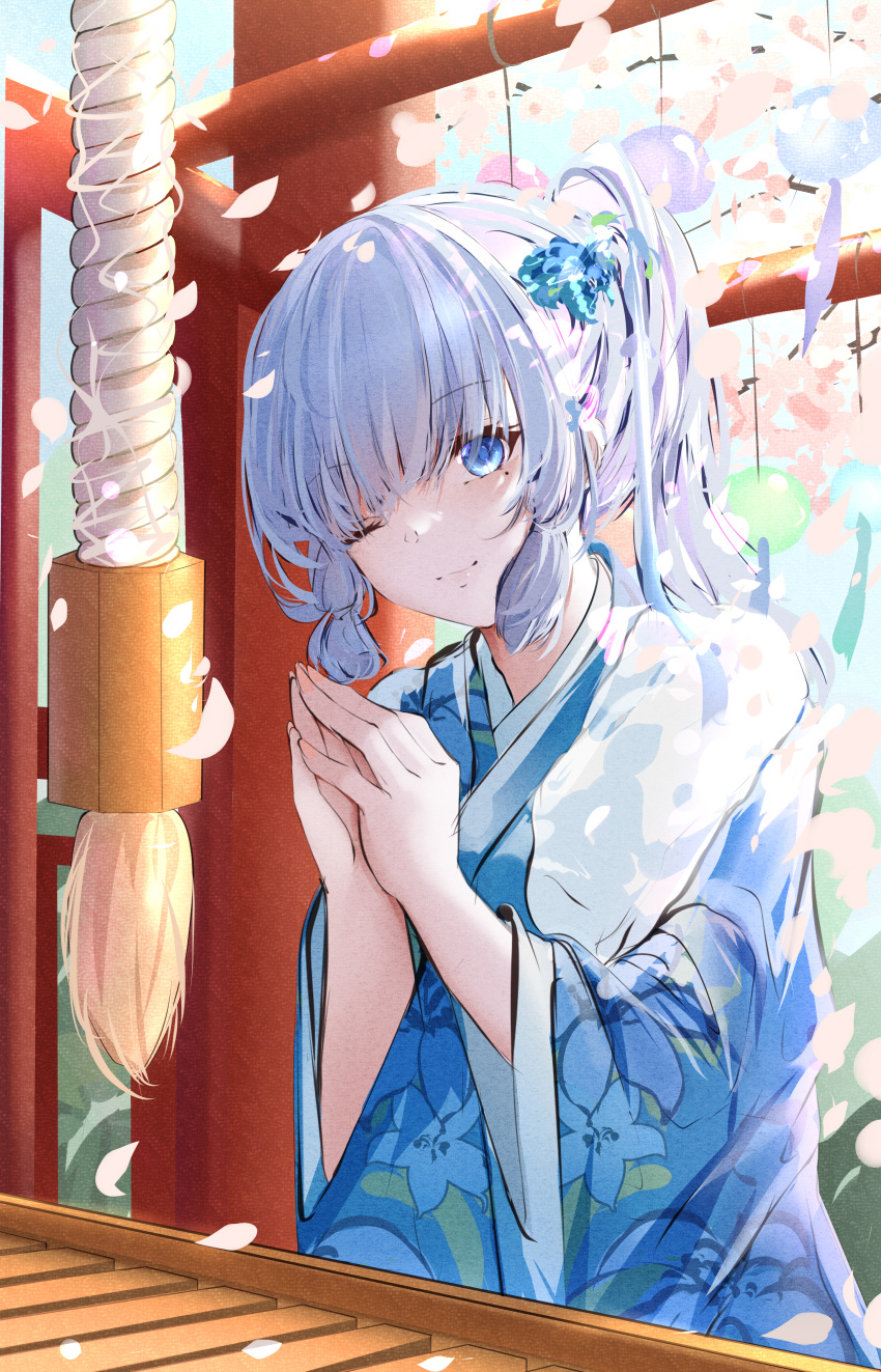 1girl absurdres alternate_costume bangs blue_eyes blue_flower blue_kimono blue_sky box closed_mouth donation_box falling_petals floral_print flower genshin_impact grey_hair hair_between_eyes hair_flower hair_ornament hair_ribbon highres japanese_clothes kamisato_ayaka kimono looking_at_viewer mole mole_under_eye one_eye_closed own_hands_clasped own_hands_together petals ponytail praying qiyuan_yingluo ribbon rope shimenawa shrine sky smile solo tress_ribbon wide_sleeves