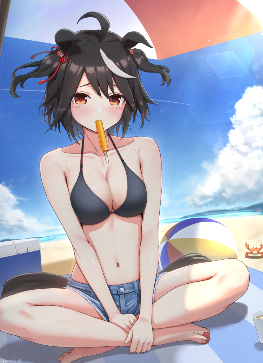 1girl absurdres ahoge animal_ears beach beach_towel beach_umbrella bikini bikini_top_only black_bikini black_hair blue_shorts blue_sky breasts brown_eyes cloud collarbone crab cutoffs day denim denim_shorts food highres horse_ears horse_girl horse_tail kitasan_black_(umamusume) large_breasts lotus_position micro_shorts navel ocean outdoors particle_sfs popsicle popsicle_in_mouth shorts sitting sky solo swimsuit tail towel umamusume umbrella white_hair