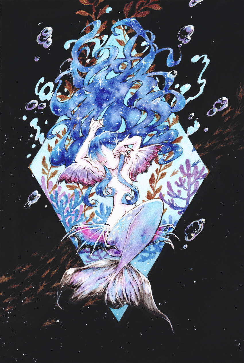 1girl absurdres arm_up blue_hair closed_eyes dark_background fish full_body hair_censor hair_over_breasts head_fins highres long_hair mermaid messy_hair midriff monster_girl navel no_mouth no_nose original painting_(medium) solo tpamjdsta_(usatokurasu) traditional_media underwater very_long_hair watercolor_(medium) webbed_hands