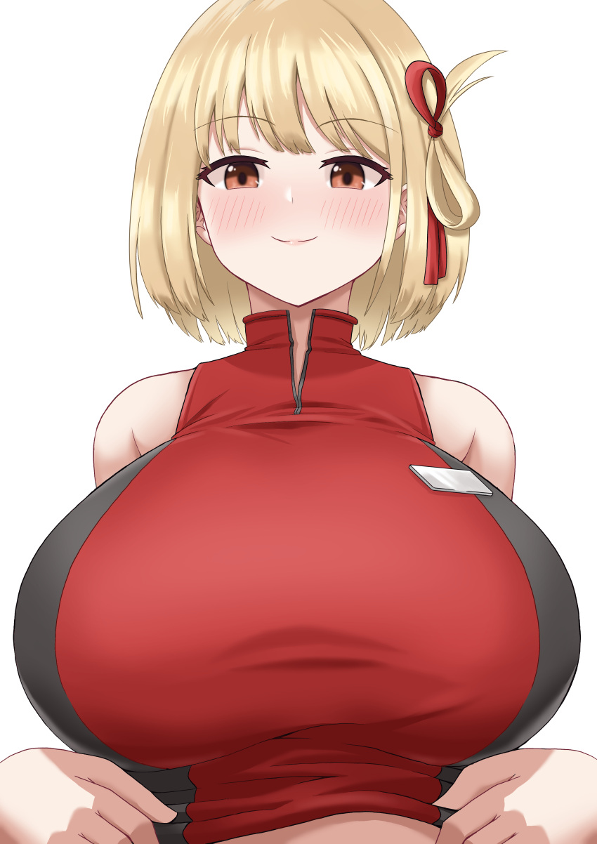 1girl absurdres blonde_hair blush breasts closed_mouth from_below hair_ribbon highres huge_breasts looking_at_viewer lycoris_recoil nishikigi_chisato one_side_up orange_eyes red_ribbon ribbon short_hair sleeveless smile smug solo sportswear tereshimax track_and_field upper_body