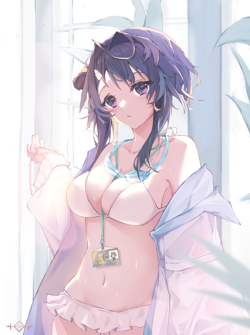 1girl :o absurdres arknights bangs bare_shoulders bikini blush breasts cleavage collarbone cowboy_shot feather_hair frilled_bikini frills goggles goggles_around_neck hair_between_eyes hair_bun hair_intakes highres id_card indoors jacket la_pluma_(arknights) la_pluma_(summer_flowers)_(arknights) long_sleeves looking_at_viewer medium_breasts navel off_shoulder official_alternate_costume open_clothes open_jacket parted_lips photoshop_(medium) purple_eyes purple_hair short_hair_with_long_locks sidelocks single_hair_bun single_side_bun solo stomach swimsuit white_bikini white_jacket wing_hair_ornament yaoyuandehuanxiangting