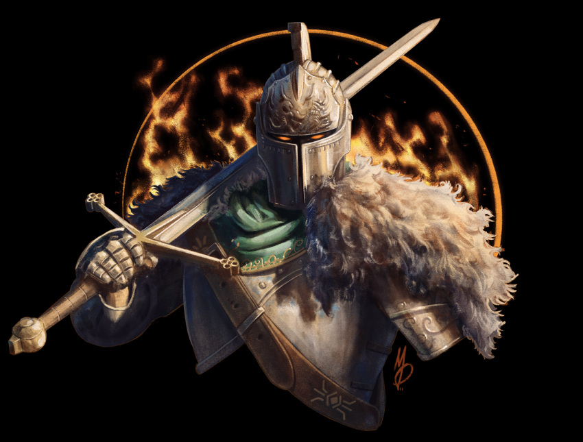 1other ambiguous_gender armor bearer_of_the_curse breastplate cape dark_souls_(series) dark_souls_ii fur_cape holding holding_sword holding_weapon looking_at_viewer max58art over_shoulder signature solo sword sword_over_shoulder upper_body weapon weapon_over_shoulder