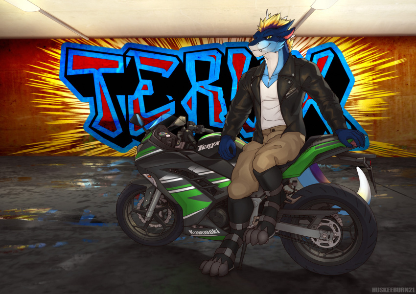 anthro bike_(disambiguation) biker dragon hi_res leather raining teryx teryx_commodore