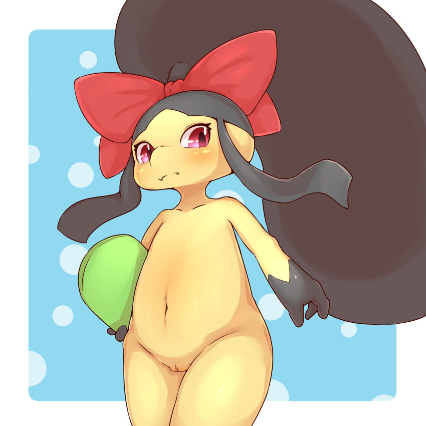 absurd_res blue_background border female generation_3_pokemon genitals hi_res humanoid looking_at_viewer mawile navel nintendo nude pokemon pokemon_(species) pussy red_eyes simple_background solo video_games white_border yellow_body
