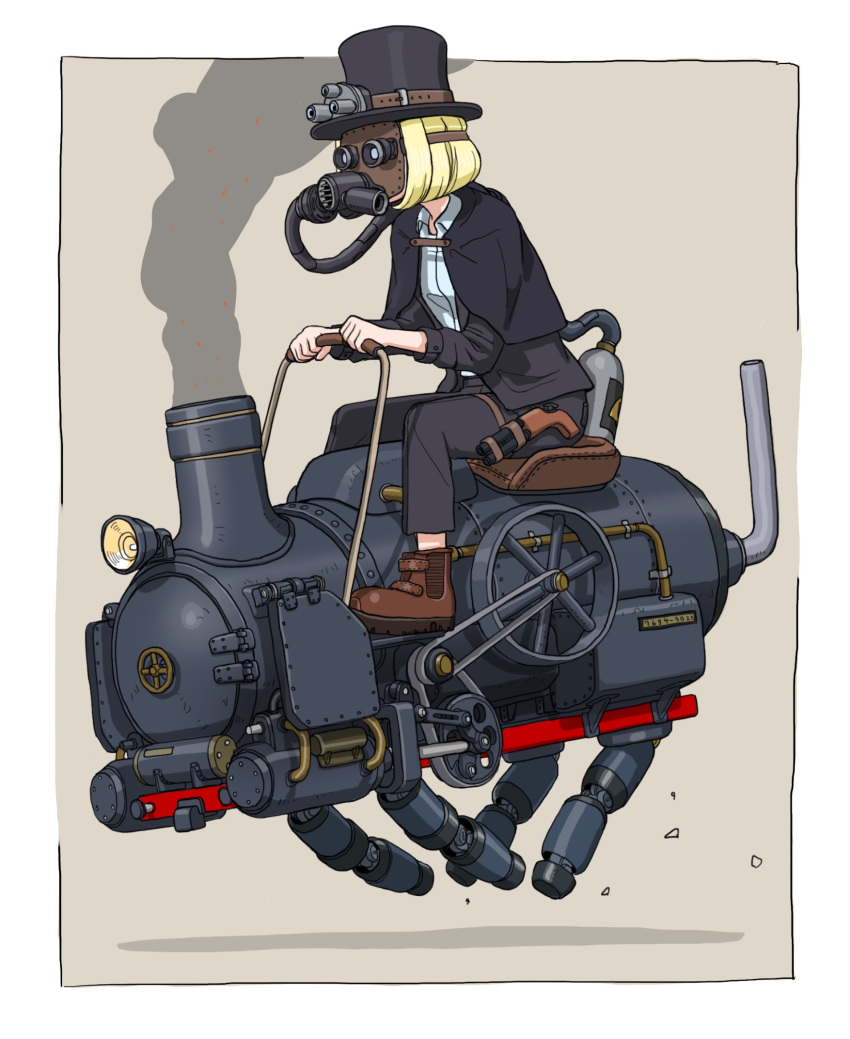 1girl blonde_hair bob_cut capelet commentary gas_mask gatling_santouhei gun hat highres holster holstered_weapon locomotive mask original riding robot science_fiction short_hair simple_background solo steam_locomotive steampunk thigh_holster top_hat weapon