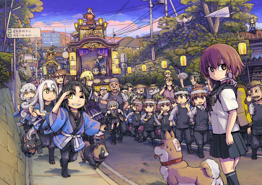 animal_ears arm_up backpack bag bald bangs bird black_hair black_shirt black_skirt boots brown_eyes brown_hair bush carrying carrying_over_shoulder cat_ears cloud curly_hair day dog facial_hair festival flute glasses headband highres ike_(altitude_attitude) instrument kokkuri_(neko_musume_michikusa_nikki) koma_(neko_musume_michikusa_nikki) kurona_(neko_musume_michikusa_nikki) lantern lineup long_hair long_sleeves looking_back mask multiple_boys multiple_girls mustache neko_musume_michikusa_nikki old old_man one_eye_closed outdoors pants paper_airplane paper_lantern picking_up red_panda road road_sign shiba_inu shirt shishimaru_(neko_musume_michikusa_nikki) short_hair short_sleeves sidewalk sign sitting skirt smile spinning_top street sweat sweatdrop talisman teeth thick_eyebrows tongue tongue_out tree utility_pole walking waving white_hair white_shirt yellow_eyes