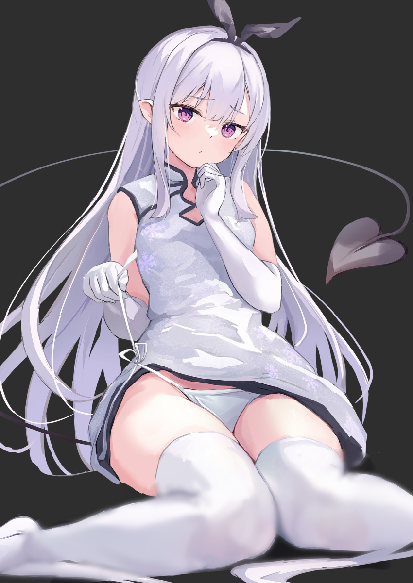 1girl absurdres animal_ears asktyuni bangs bare_shoulders black_background blush china_dress chinese_clothes demon_girl demon_tail dress elbow_gloves fake_animal_ears gloves hair_ornament highres long_hair looking_at_viewer original panties pointy_ears purple_eyes side-tie_panties sitting solo tail thighhighs thighs underwear untying white_gloves white_hair white_panties