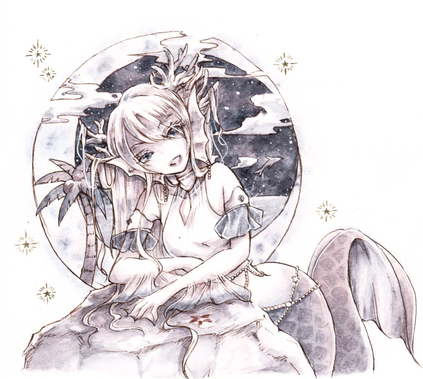 1girl breasts head_fins head_tilt highres limited_palette long_hair looking_at_viewer medium_breasts mermaid monster_girl open_mouth original painting_(medium) shirt sleeveless sleeveless_shirt tpamjdsta_(usatokurasu) traditional_media veil watercolor_(medium) webbed_hands