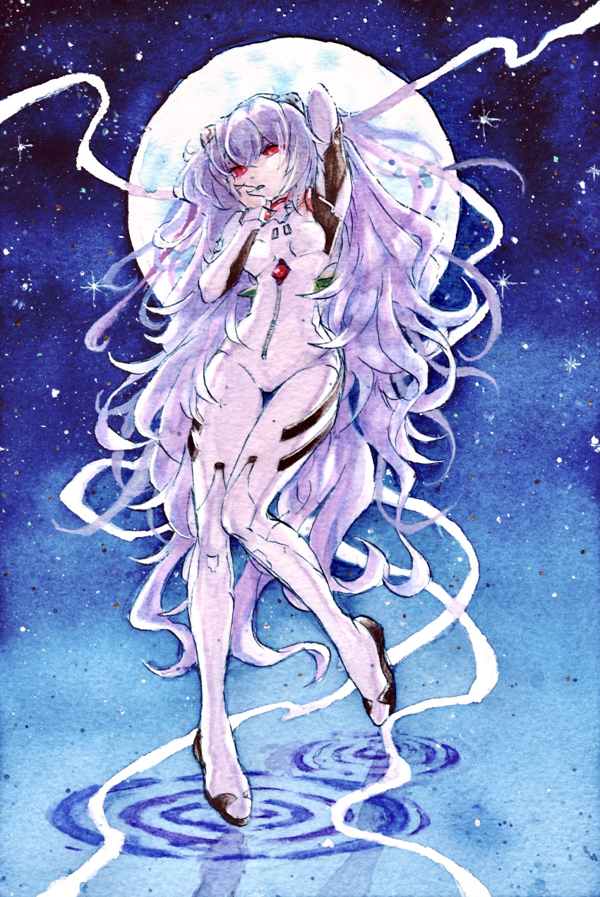 1girl absurdly_long_hair absurdres arm_up ayanami_rei blue_background bodysuit breasts full_body hand_in_own_hair hand_on_own_cheek hand_on_own_face highres long_hair long_sleeves neon_genesis_evangelion painting_(medium) plugsuit purple_hair red_eyes small_breasts solo tpamjdsta_(usatokurasu) traditional_media very_long_hair watercolor_(medium) white_bodysuit