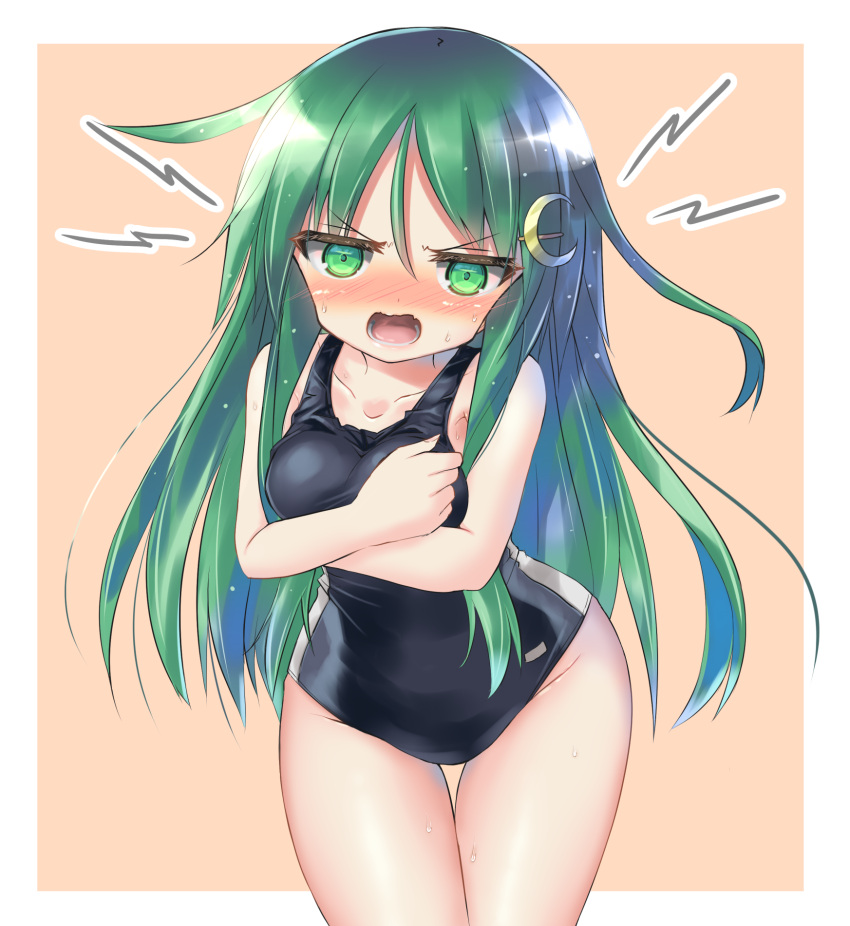 1girl black_one-piece_swimsuit breasts collarbone covering covering_breasts cowboy_shot crescent crescent_hair_ornament embarrassed green_eyes green_hair hair_between_eyes hair_ornament highres kantai_collection long_hair looking_at_viewer nagatsuki_(kancolle) open_mouth pink_background school_swimsuit small_breasts solo swimsuit white_background yuuji_(itadon)