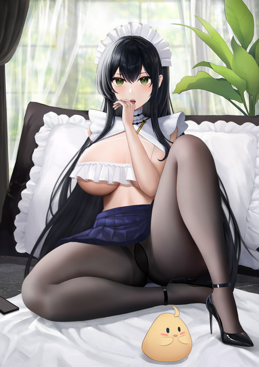 1girl :d azur_lane bangs black_footwear black_hair black_pantyhose blue_skirt blush breasts creature curtains day enico frilled_pillow frills green_eyes gusset hand_on_another's_head high_heels highres indomitable_(azur_lane) indomitable_(ms._motivationless_maid)_(azur_lane) indoors knee_up large_breasts long_hair looking_at_viewer maid_headdress manjuu_(azur_lane) miniskirt official_alternate_costume on_bed open_mouth pantyhose pillow plant pleated_skirt sitting skirt sleeveless smile solo underboob upskirt very_long_hair window