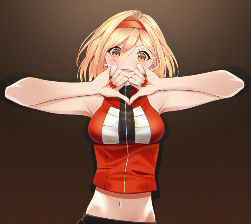 1girl bare_arms blonde_hair breasts brown_background brown_eyes djeeta_(granblue_fantasy) facial_mark granblue_fantasy grin hair_intakes hairband highres jacket looking_at_viewer medium_breasts medium_hair midriff nail_polish navel red_hairband red_jacket red_nails shiny shiny_hair sleeveless sleeveless_jacket smile solo soruna_(nell) stomach turtleneck upper_body zipper