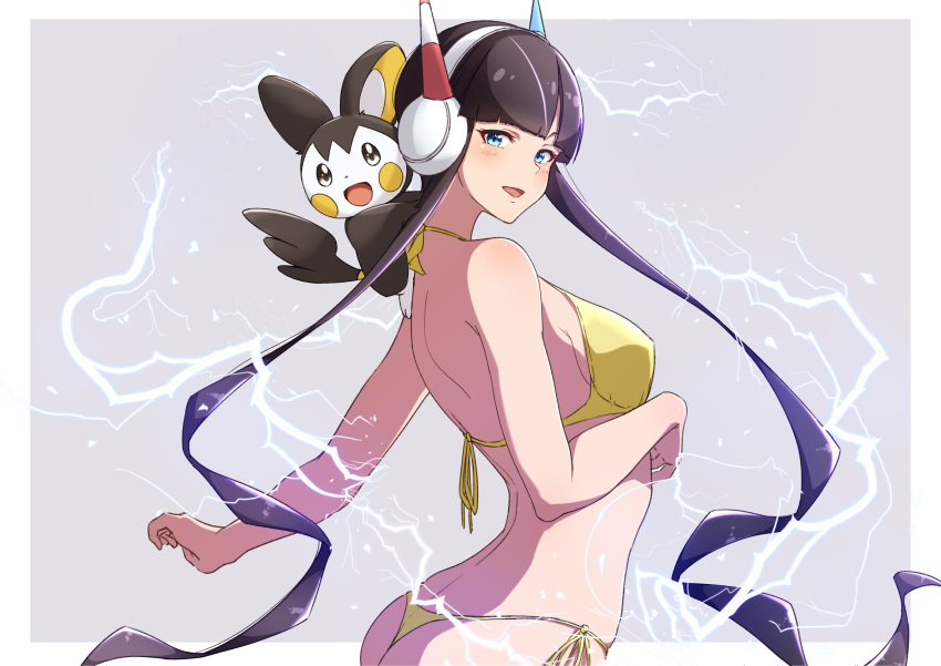 1girl absurdres bangs bikini black_hair blue_eyes blue_hair blunt_bangs commentary_request cowboy_shot electricity elesa_(pokemon) emolga gradient_hair headphones highres multicolored_hair nijizuki_shino pokemon pokemon_(game) pokemon_bw short_hair_with_long_locks side-tie_bikini_bottom streaked_hair swimsuit thong_bikini white_hair yellow_bikini