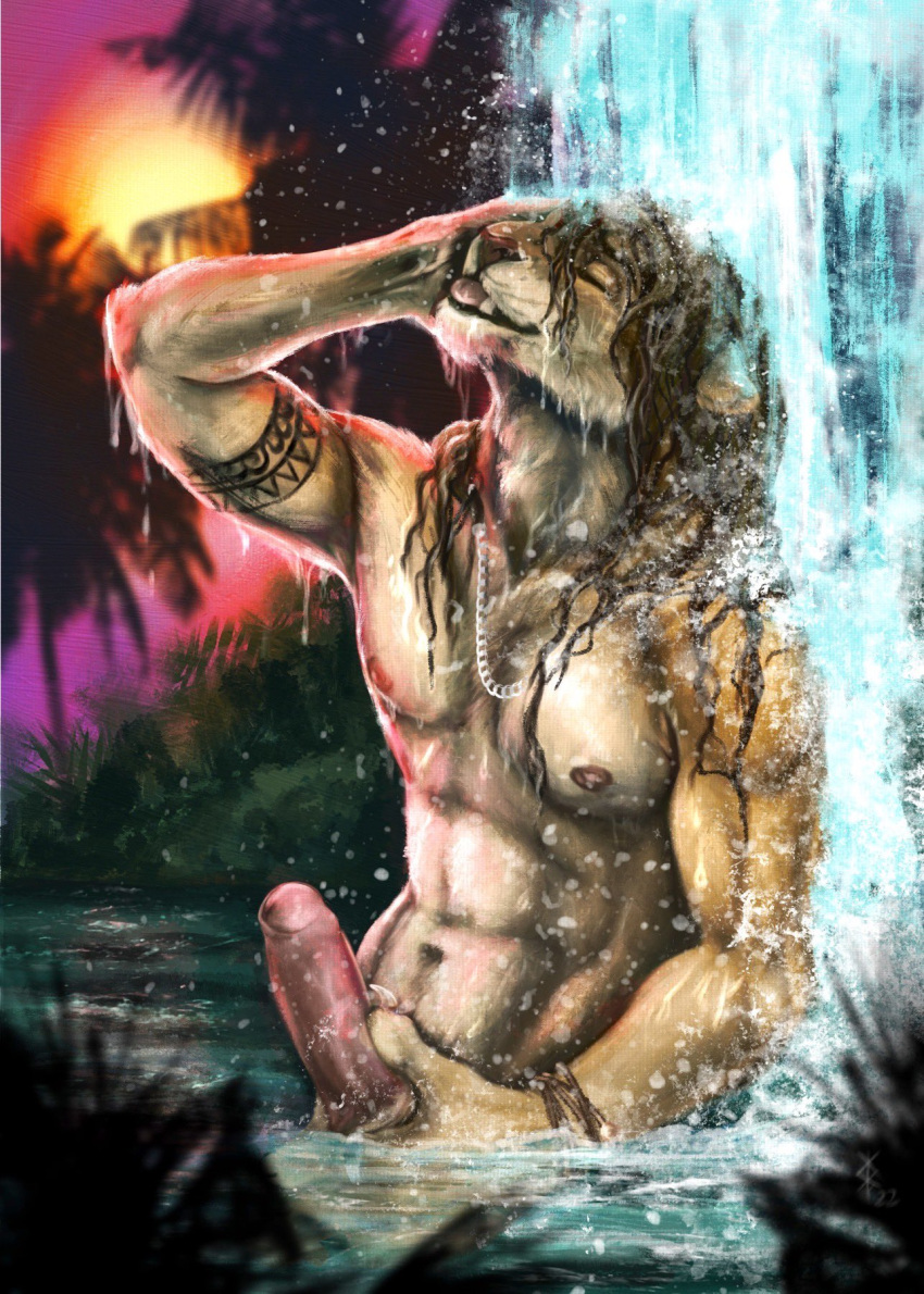 anthro arm_tattoo bracelet brown_hair brown_nose claws detailed_background digital_media_(artwork) erection eyes_closed fangs felid fur genitals grass hair hand_on_face hand_on_penis hi_res humanoid_genitalia humanoid_penis jewelry jungle lion long_hair male mammal muscular muscular_anthro muscular_male navel necklace nipples nude open_mouth palm_tree pantherine partially_submerged pecs penis plant raised_arm raised_head solo steel_(artist) sunset tan_body tan_fur tattoo tree water water_drop waterfall watermark wet wet_body wet_fur wet_hair white_body white_fur