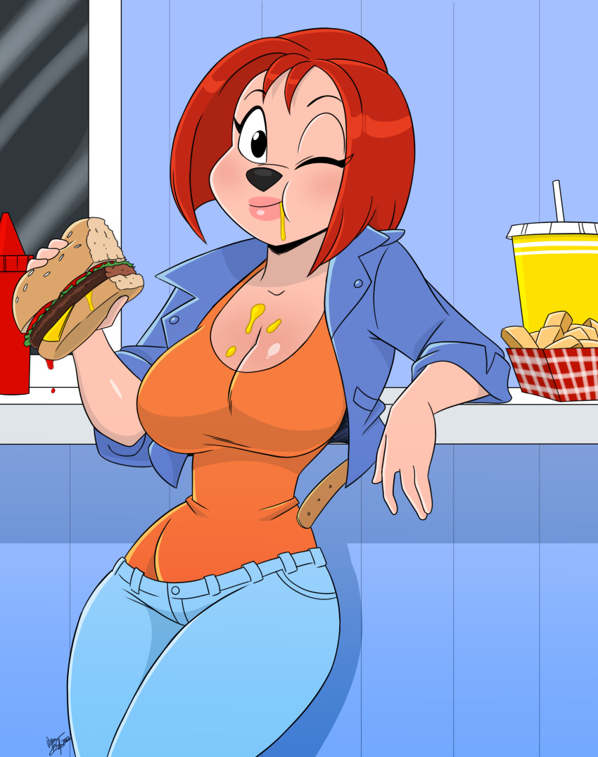 absurd_res aeolus06 anthro beverage bottomwear burger canid canine clothed clothing condiment_container debbie_dune denim denim_clothing disney eating female food fries goof_troop hi_res jacket jeans looking_at_viewer mammal one_eye_closed open_clothing open_jacket open_topwear pants shirt solo topwear wink