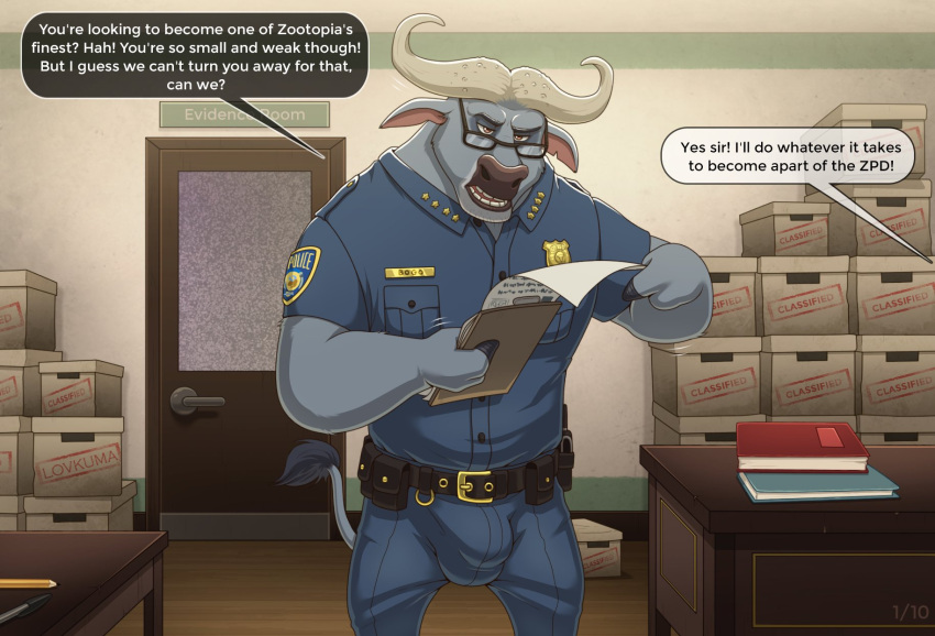 anthro bovid bovine bulge chief_bogo clipboard clothing disney eyewear glasses hi_res lovkuma male mammal police_uniform true_buffalo uniform water_buffalo zootopia