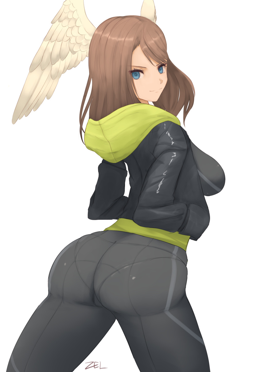 1girl absurdres artist_name asymmetrical_bangs bangs black_bodysuit black_jacket blue_eyes bodysuit breasts closed_mouth eunie_(xenoblade) feathered_wings from_behind green_hood hands_in_pockets head_wings highres jacket large_breasts leather leather_jacket long_hair looking_at_viewer sideboob smile white_background white_wings wings xenoblade_chronicles_(series) xenoblade_chronicles_3 zelc-face