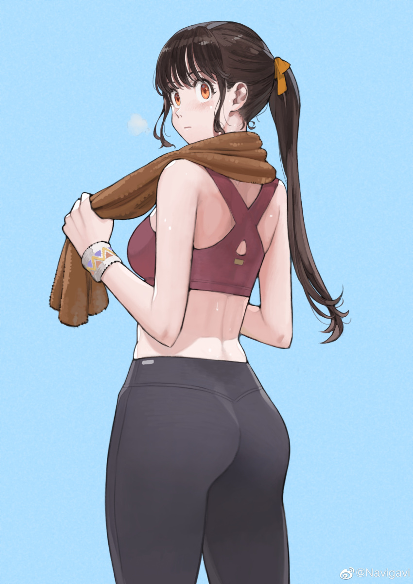 1girl absurdres ass bangs bare_shoulders big_sister_(seojh1029) black_hair black_pants blue_background breasts from_behind highres jun_(seojh1029) leggings looking_at_viewer looking_to_the_side medium_breasts orange_eyes orange_ribbon original pants ponytail red_sports_bra ribbon solo sports_bra sportswear sweatband thighs tight tight_pants towel towel_around_neck weibo_logo weibo_username yoga_pants