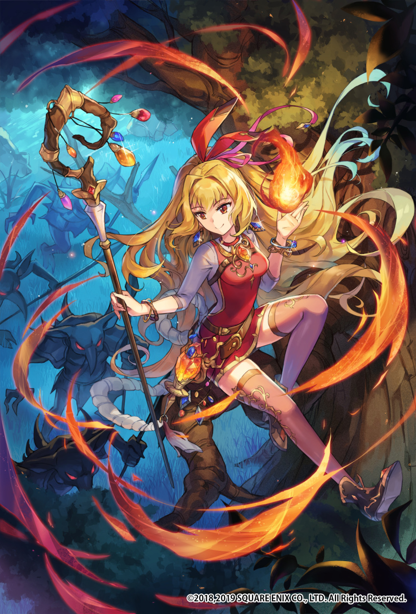 1girl 2018 2019 black_footwear blonde_hair blue_hair bracelet dress fire floating_hair forest full_body goblin gradient_hair grey_sleeves grey_thighhighs hair_intakes highres holding holding_staff jewelry long_hair magic multicolored_hair nature night orange_eyes red_dress romancing_saga_re;universe short_dress solo_focus soriya staff thighhighs tree very_long_hair zettai_ryouiki